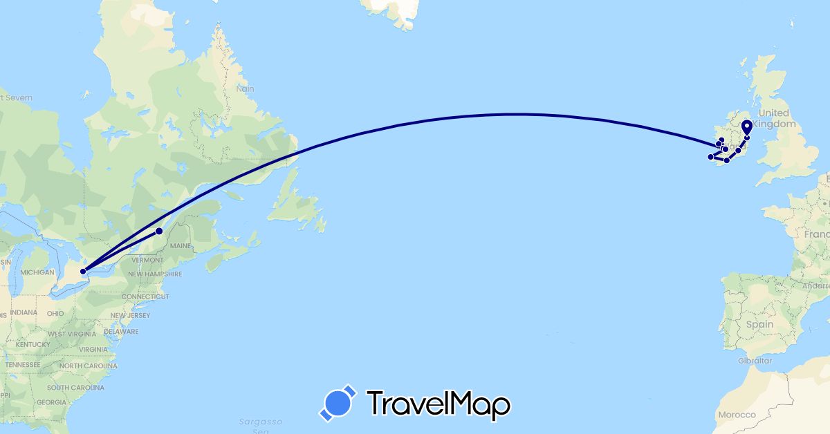 TravelMap itinerary: driving in Canada, Ireland (Europe, North America)